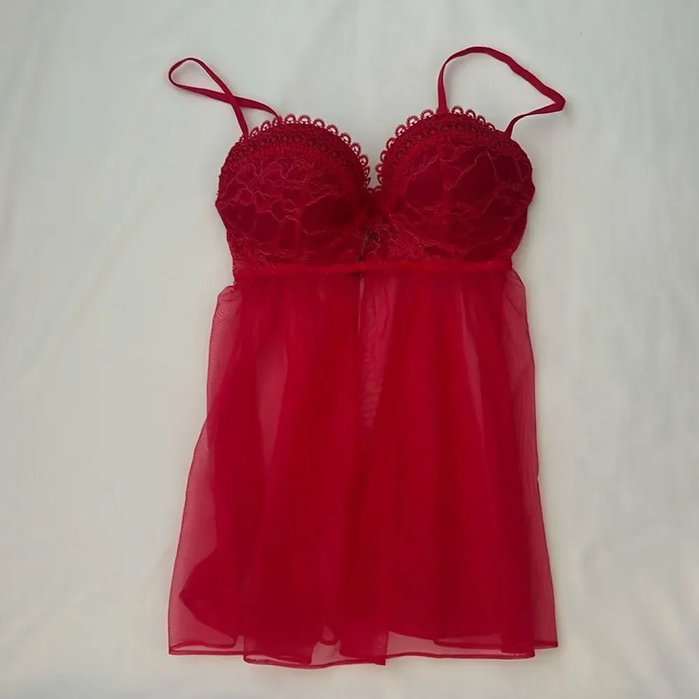 Victorias Secret Floral Lace Babydoll Slip Dress 34C Red Sheer Romantic Coquette